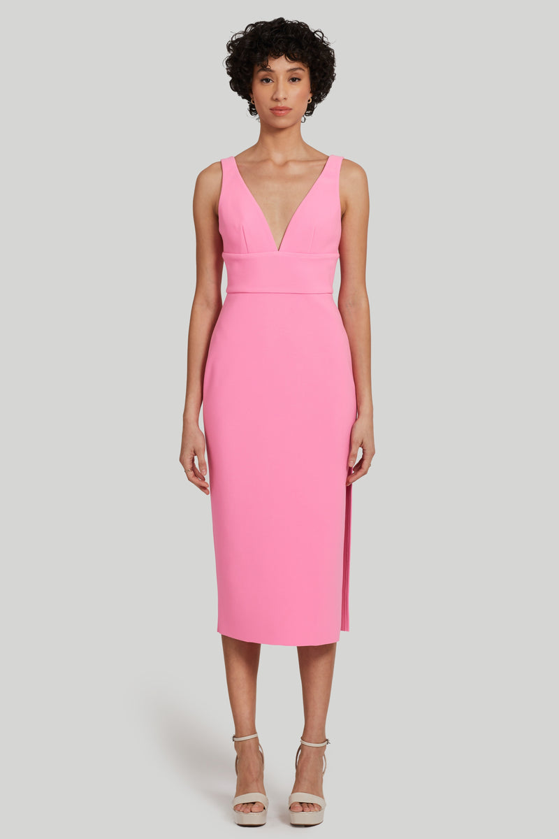 pink vneck fitted midi dress
