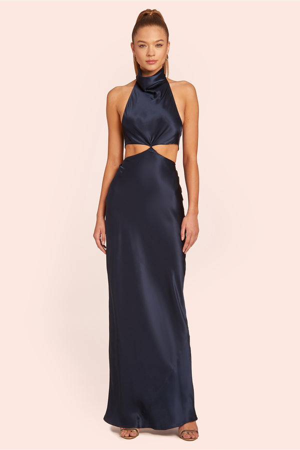 mock neck navy silk halter gown with side cut outs