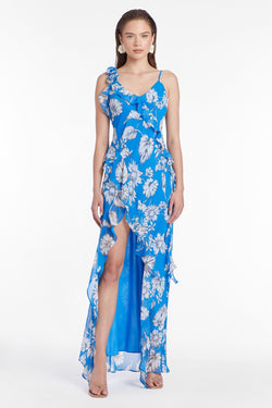 white and blue floral maxi gown with ruffle time and high slit