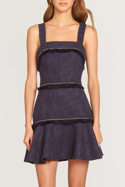 navy blue tweed mini dress with gold embroidery 