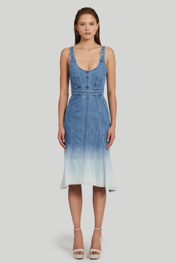 denim midi dress with buckle straps and ombre fade