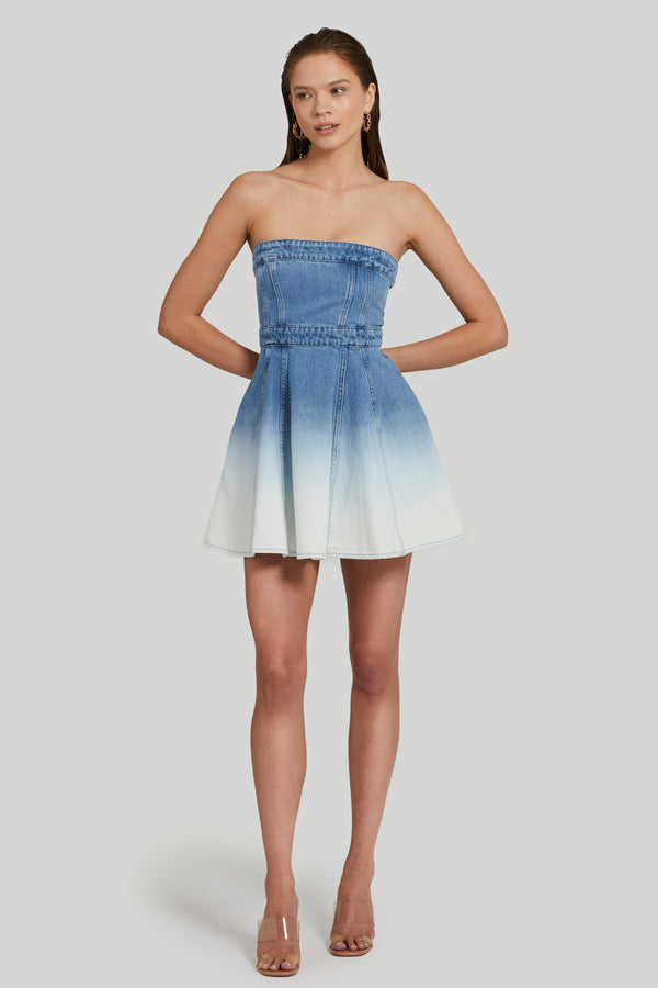 denim mini dress with flair bottom and ombre fade
