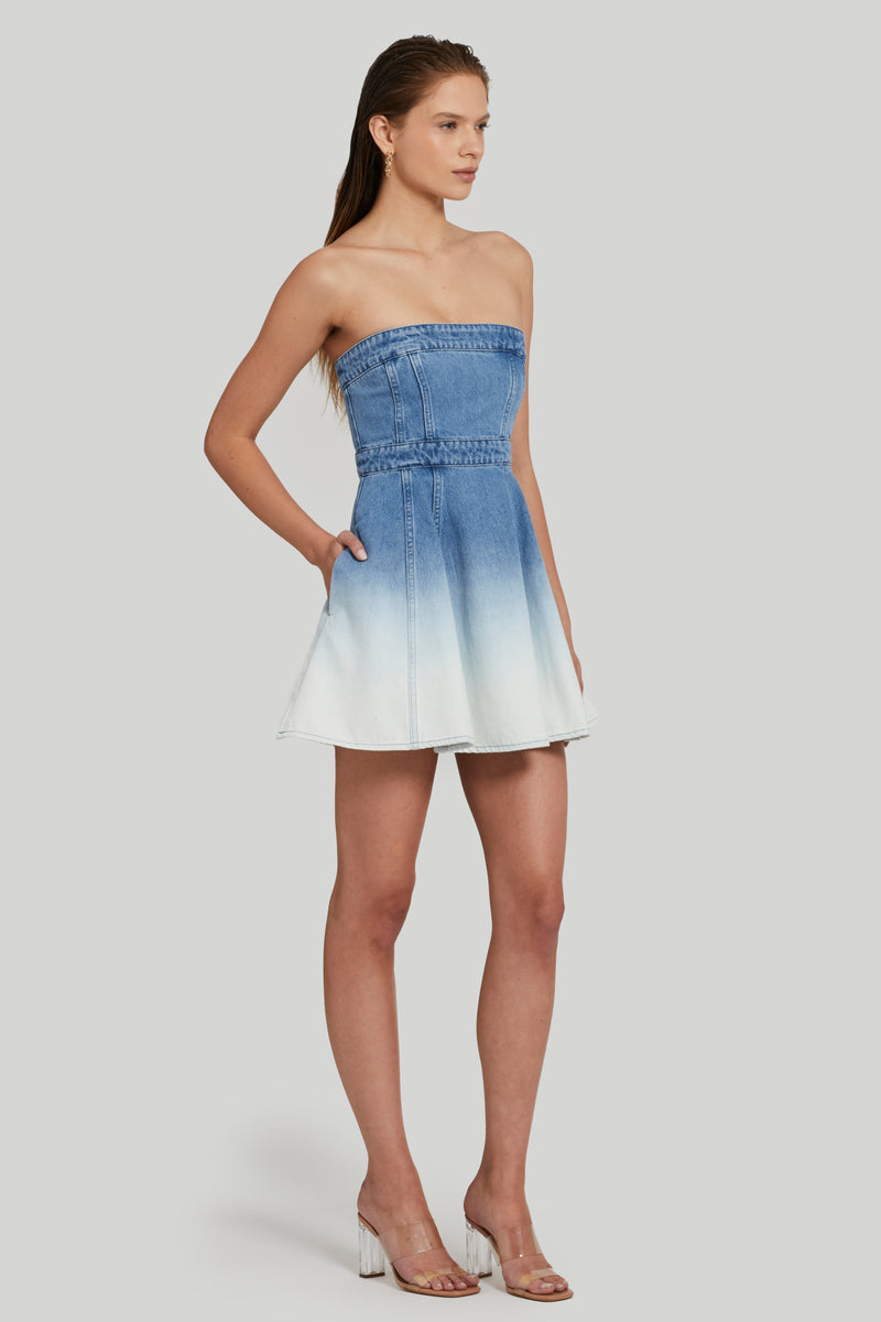 denim mini dress with flair bottom and ombre fade