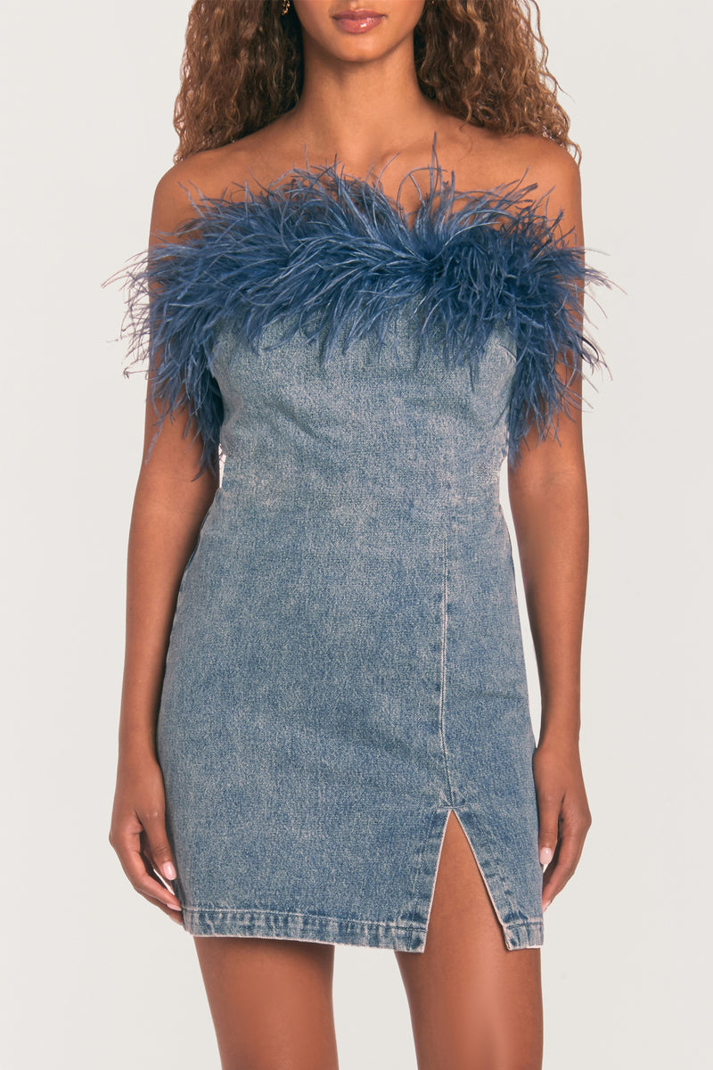 denim mini dress with small slit and feather trim on top