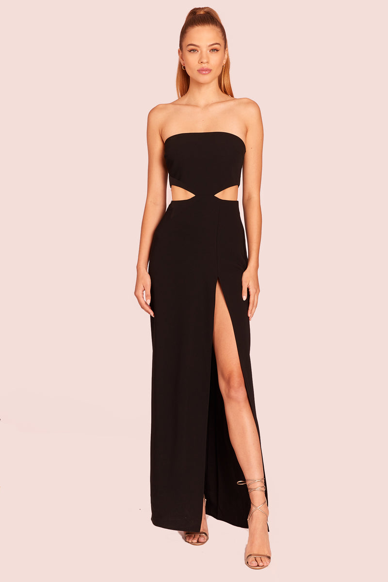 black strapless maxi dress with side cut outs and high leg slit