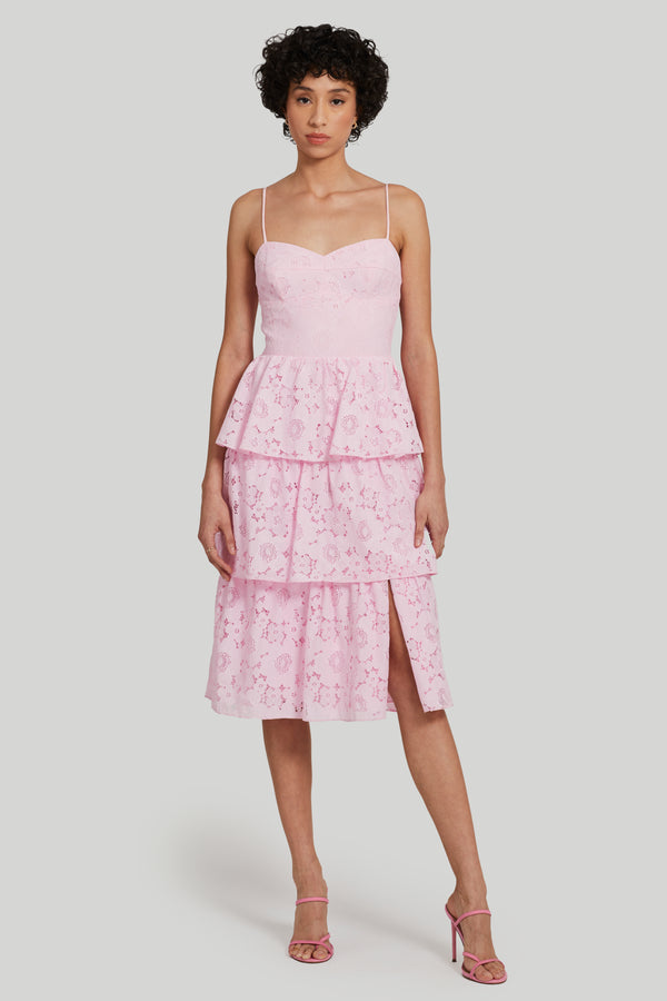 pink lace midi dress with sweetheart neckline and ruffled tiers