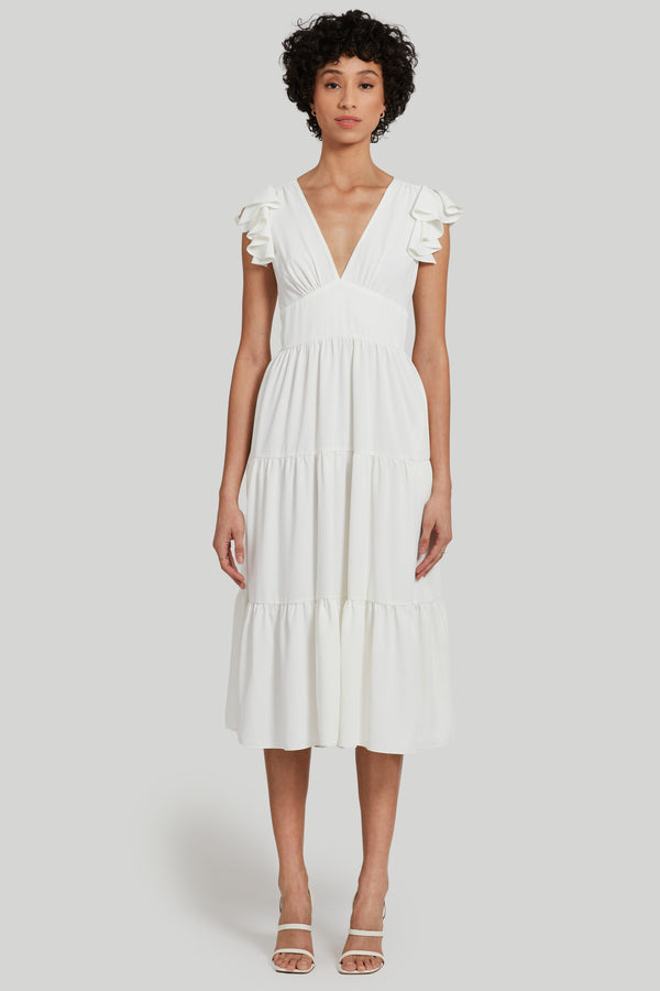 white ruffle flutter sleeve midi dress with pockets