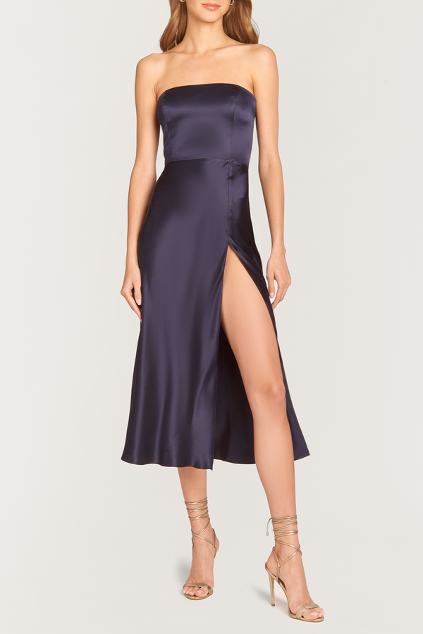 navy blue strapless silk midi dress with slit