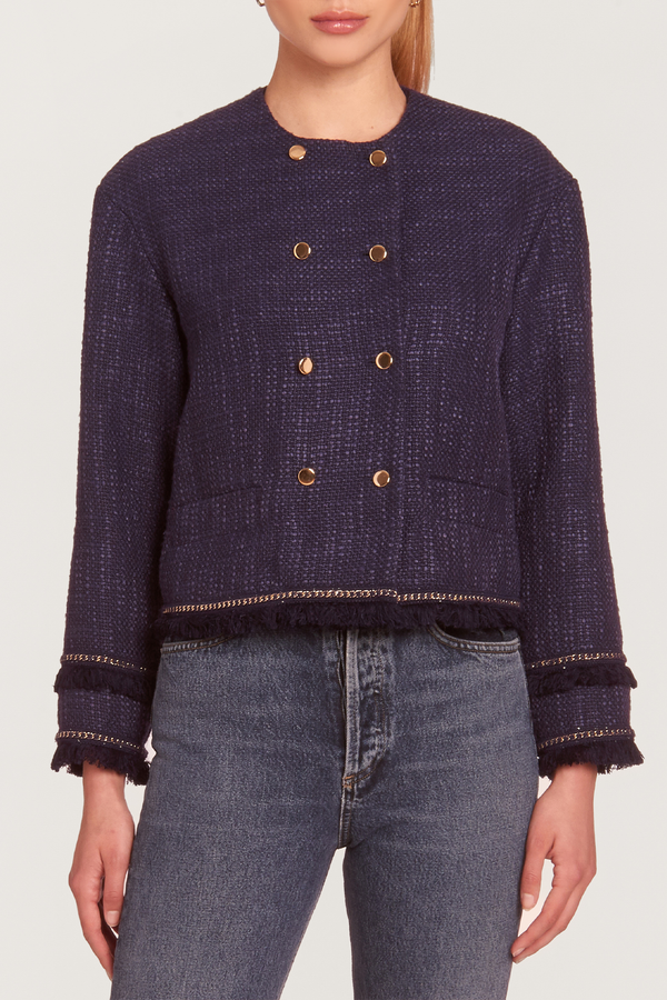 navy blue tweed jacket with gold embroidery and gold buttons