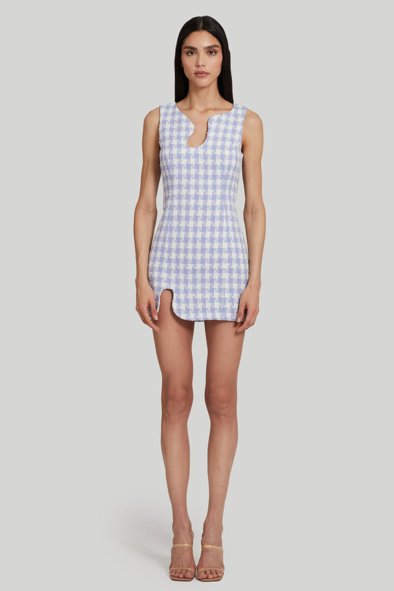 blue and white houndstooth tweed mini dress with cut outs