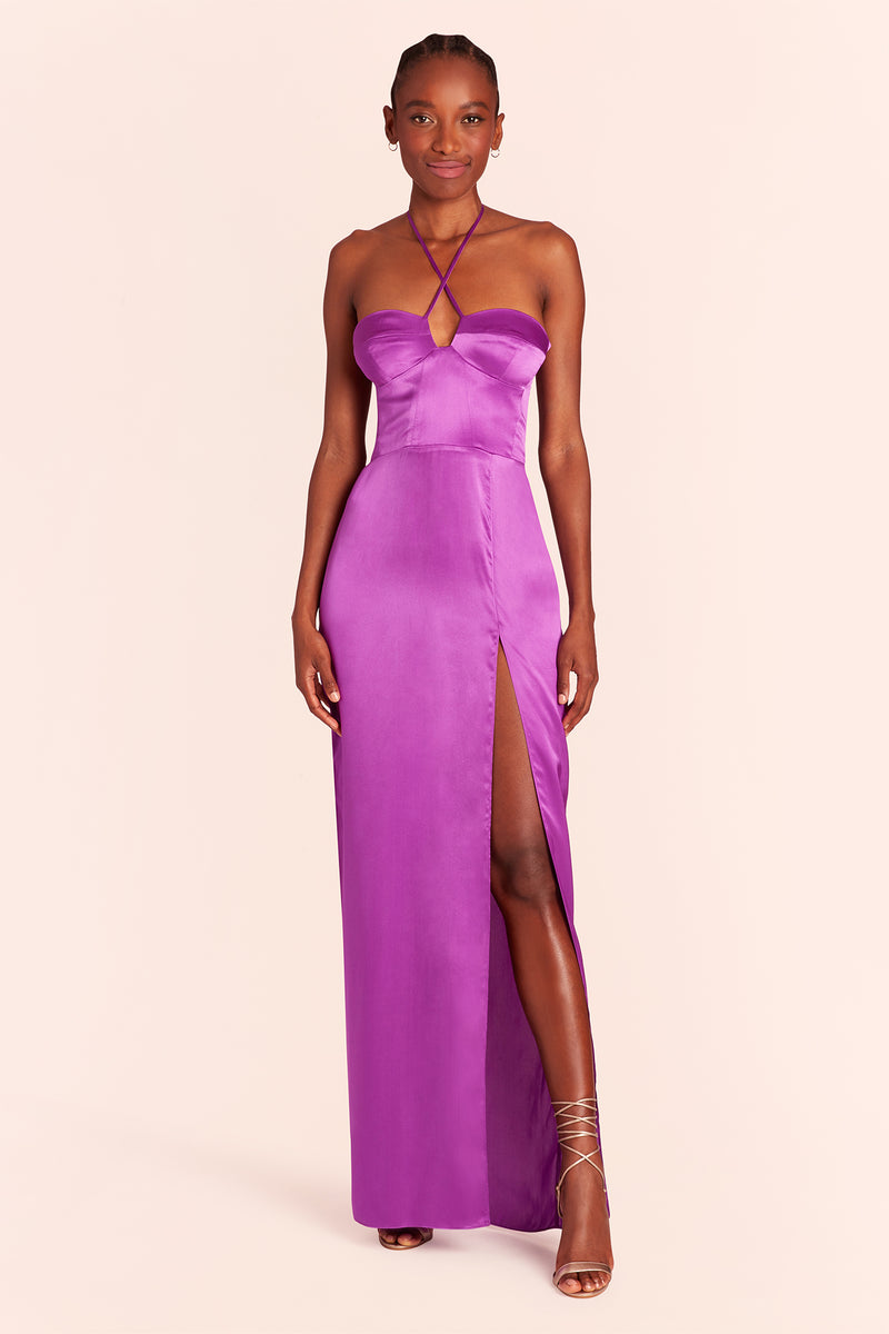 purple cross strap maxi dress with high leg slit