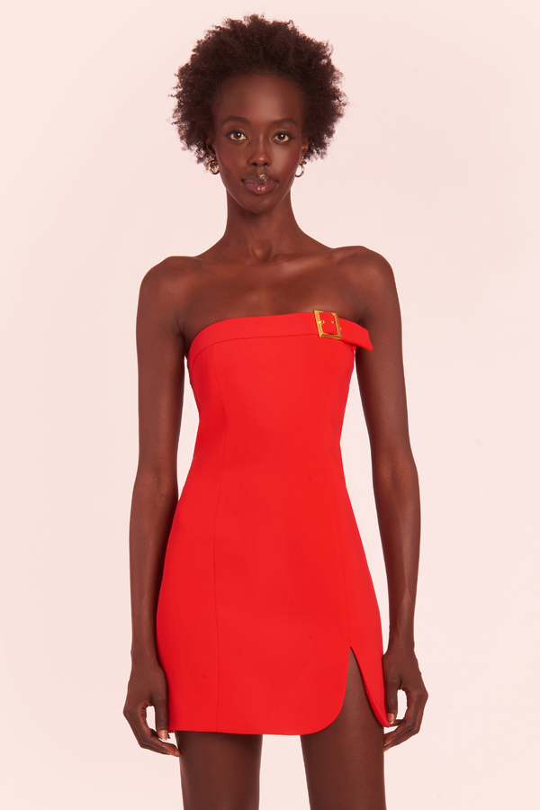 red strapless mini dress with buckle detailing