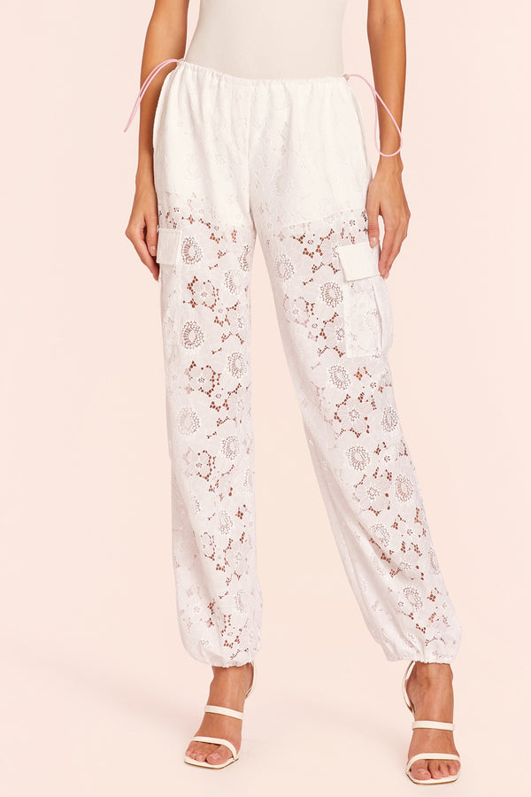 white lace jogger bottoms with side pocket and pink tie drawstring
