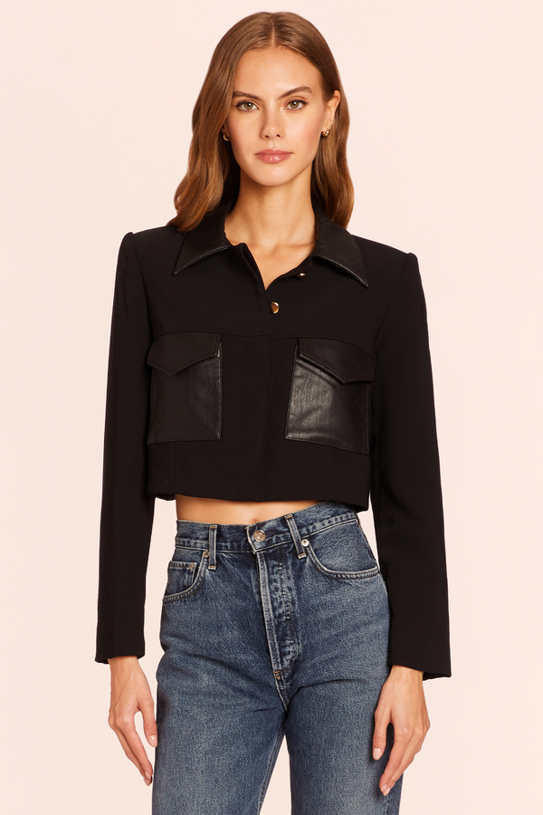 black crop jacket with leather pockets