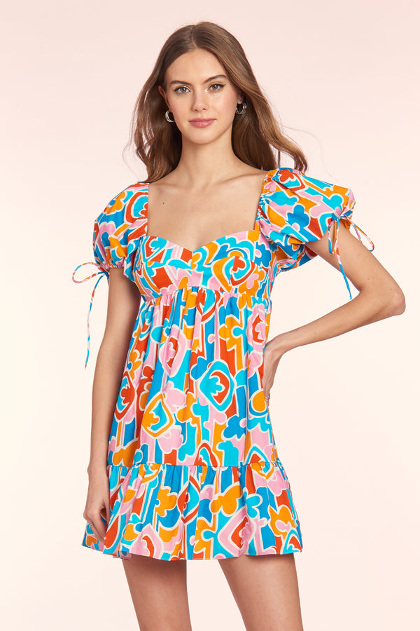 multi color geometric sweetheart neckline puff sleeve mini dress